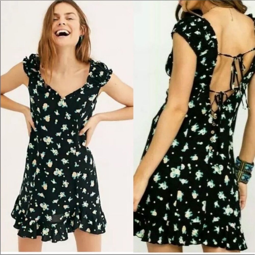 FREE PEOPLE | Like a Lady Black Floral Mini Dress Tie Back Women’s Size X-Small